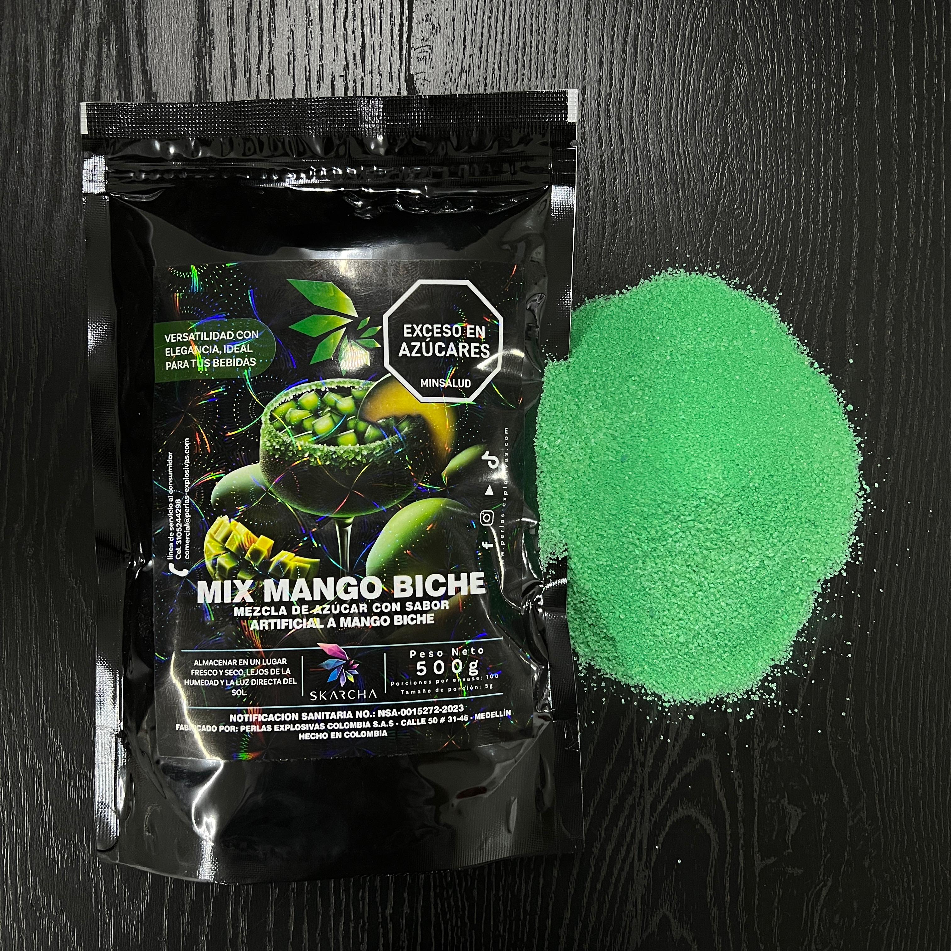 Bolsa Skarcha Mango Biche 250g — escarchador para bordes de cocteles, fondo blanco